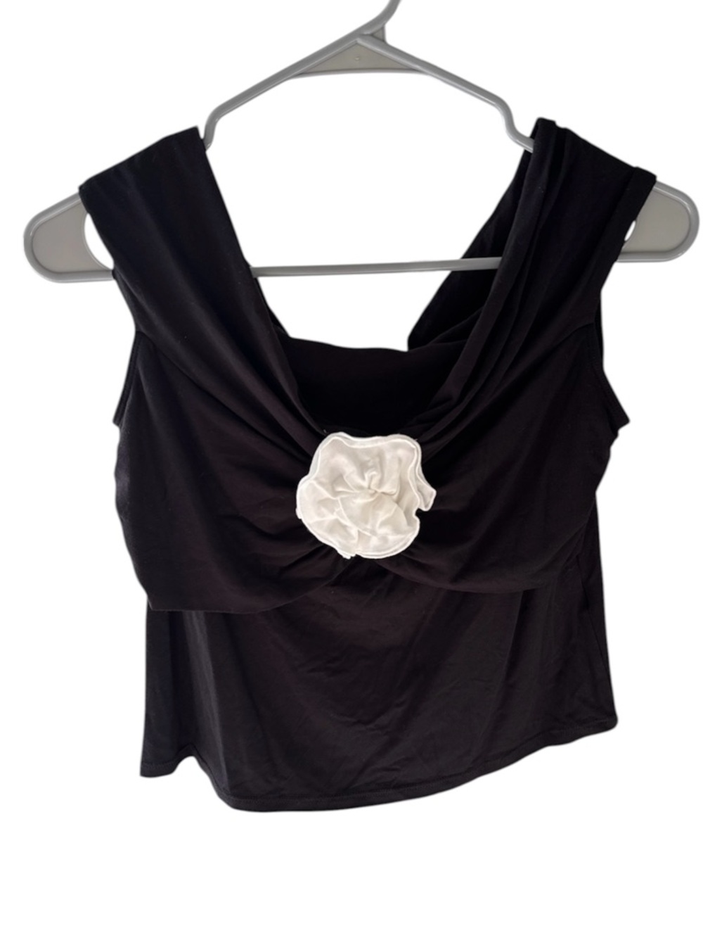 Bailey 44 Black Off the Shoulder Top with Ruched Design and White Flower Medium